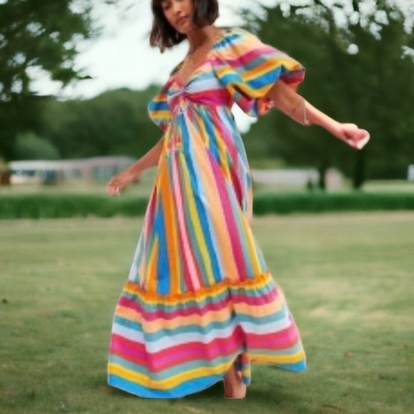 Farm Rio x Anthropologie Rainbow Stripe XS 0 / 2 Blue Silky Flounced Hem Midi - Picture 4 of 6